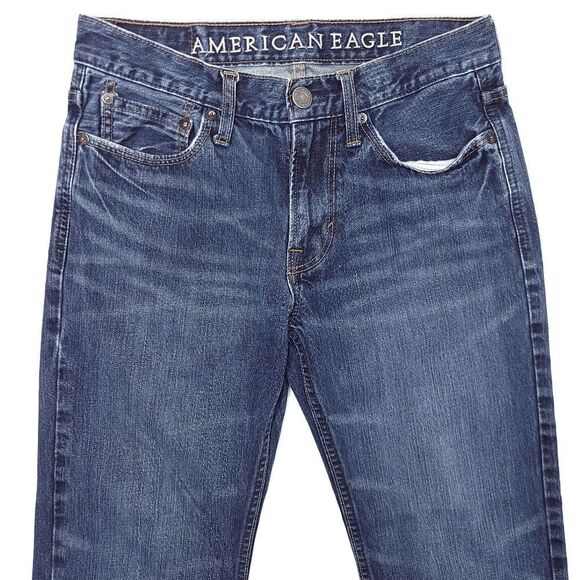 Y2K American Eagle Straight Jeans Mens 28x27 Blue 100% Cotton Distress 9.5" Rise - Picture 2 of 7